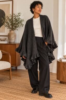III State Charcoal Ruffle Edge Knit Poncho Cape Oversized Minimalist Boho ✨